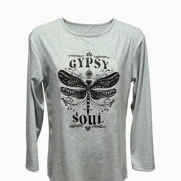 Large Gypsy Soul Print Long Sleeve T-Shirt, Crew Neck Casual Top - Picture 3 of 5